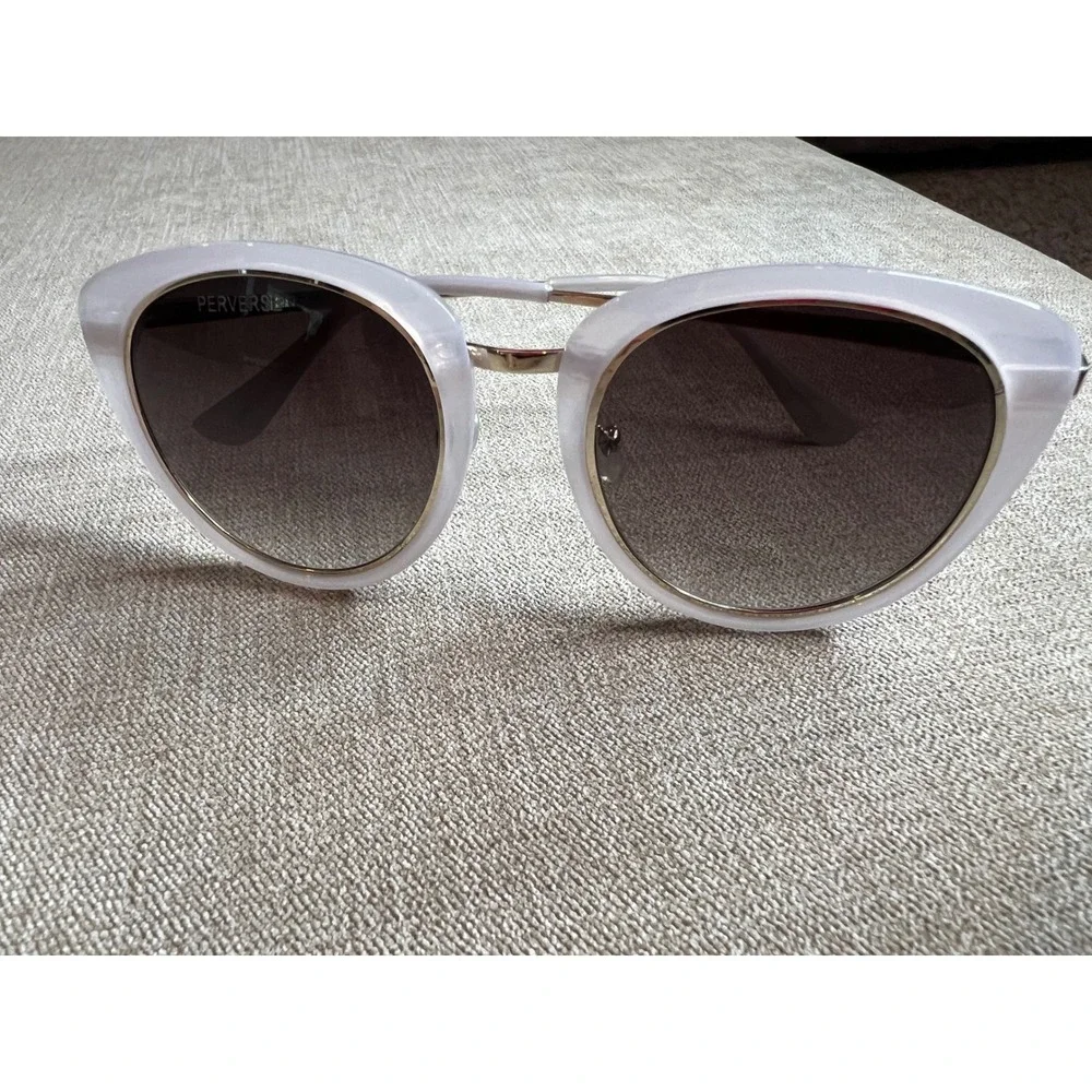 Perverse Sunglasses Lavender Lilac Oversized Round Gold Trim Dark Tint Lenses